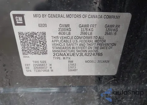 2020 Chevrolet Equinox Awd Lt 1.5L Turbo из США, поврежденный, VIN 2GNAXUEV3L6224765